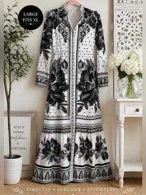 Boutique Black White Floral Maxi Shirt Dress L XL Modest Statement Boho Chic